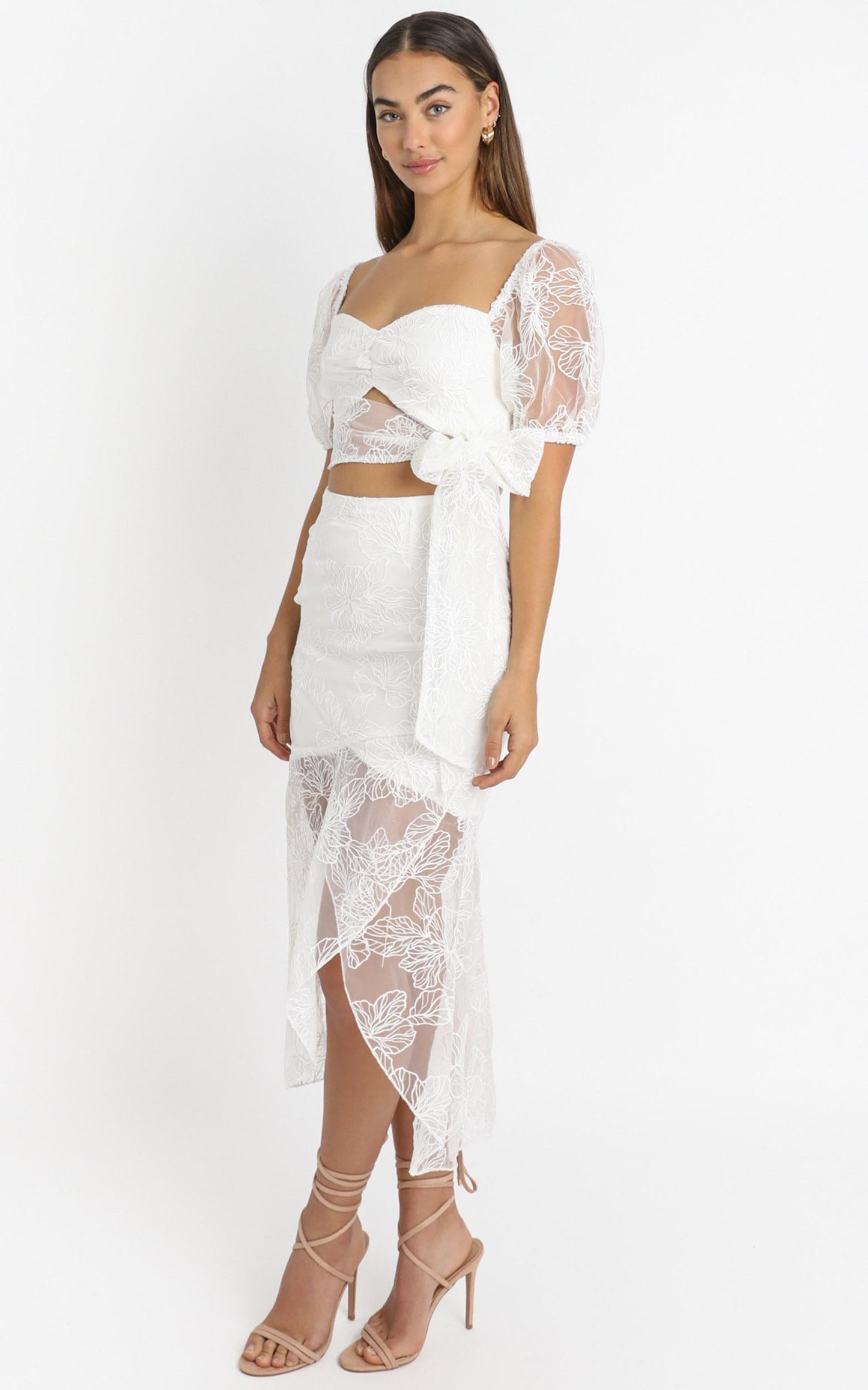Kamilla Tie Front Midi Dress in White Embroidery