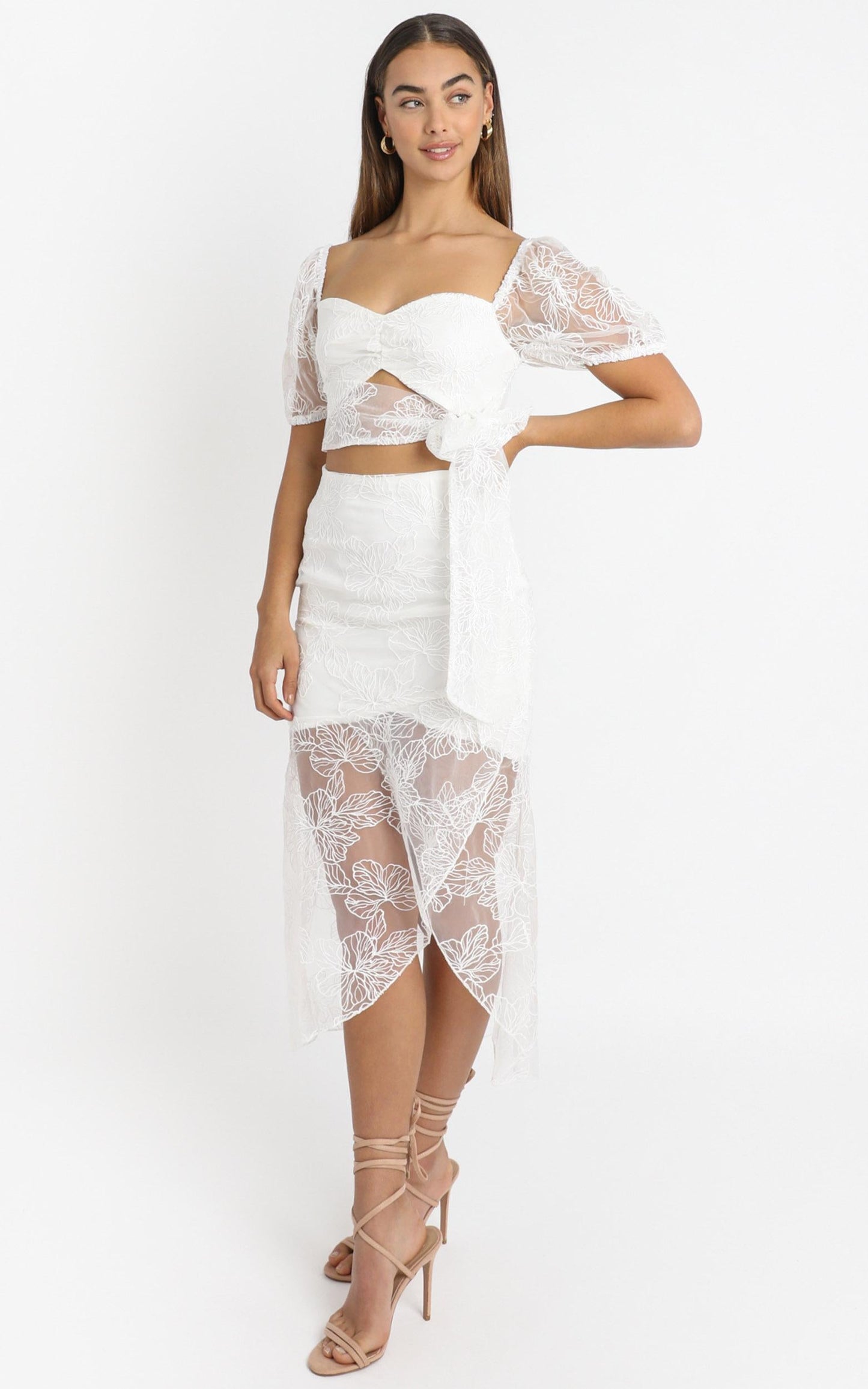 Kamilla Tie Front Midi Dress in White Embroidery