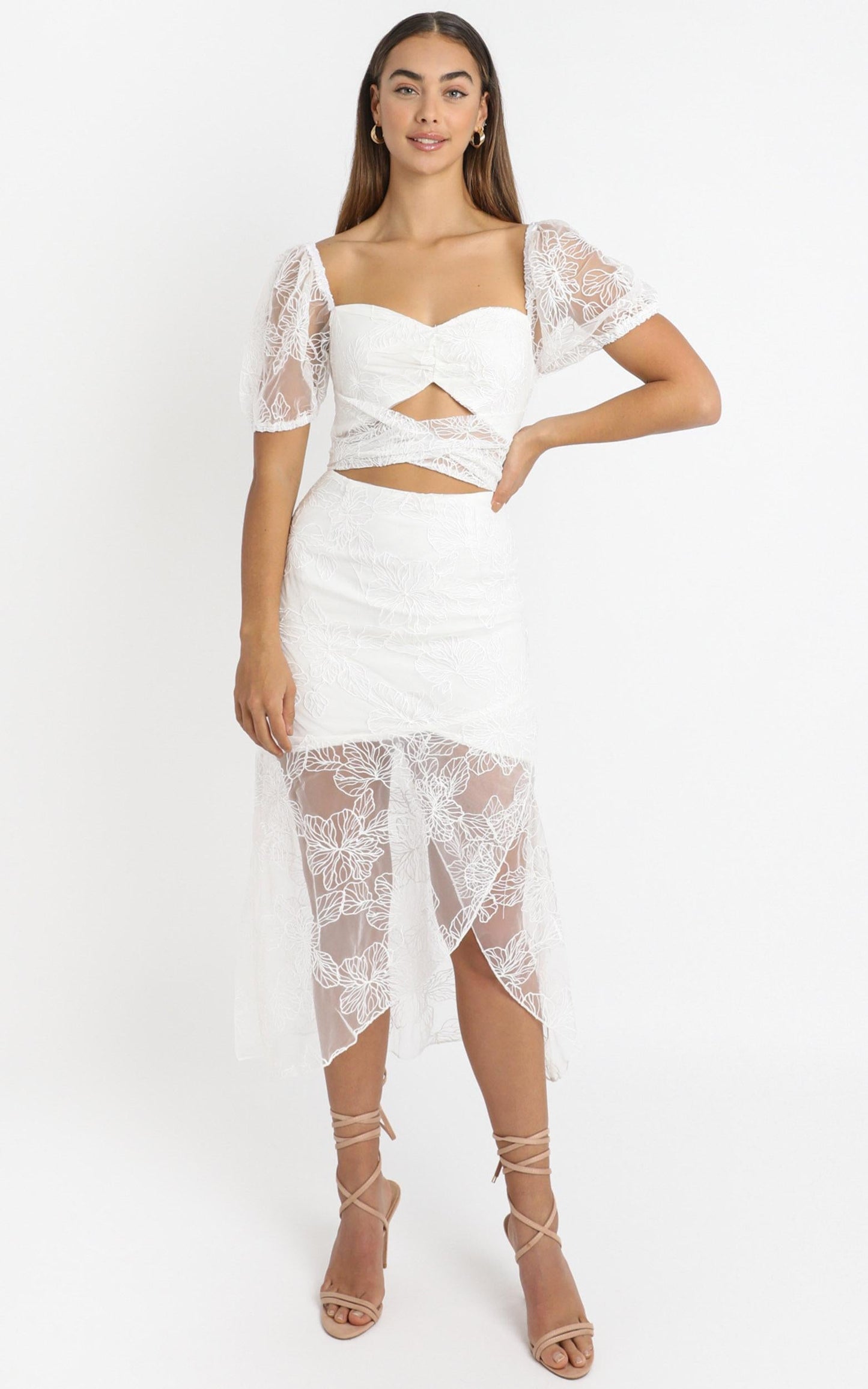 Kamilla Tie Front Midi Dress in White Embroidery