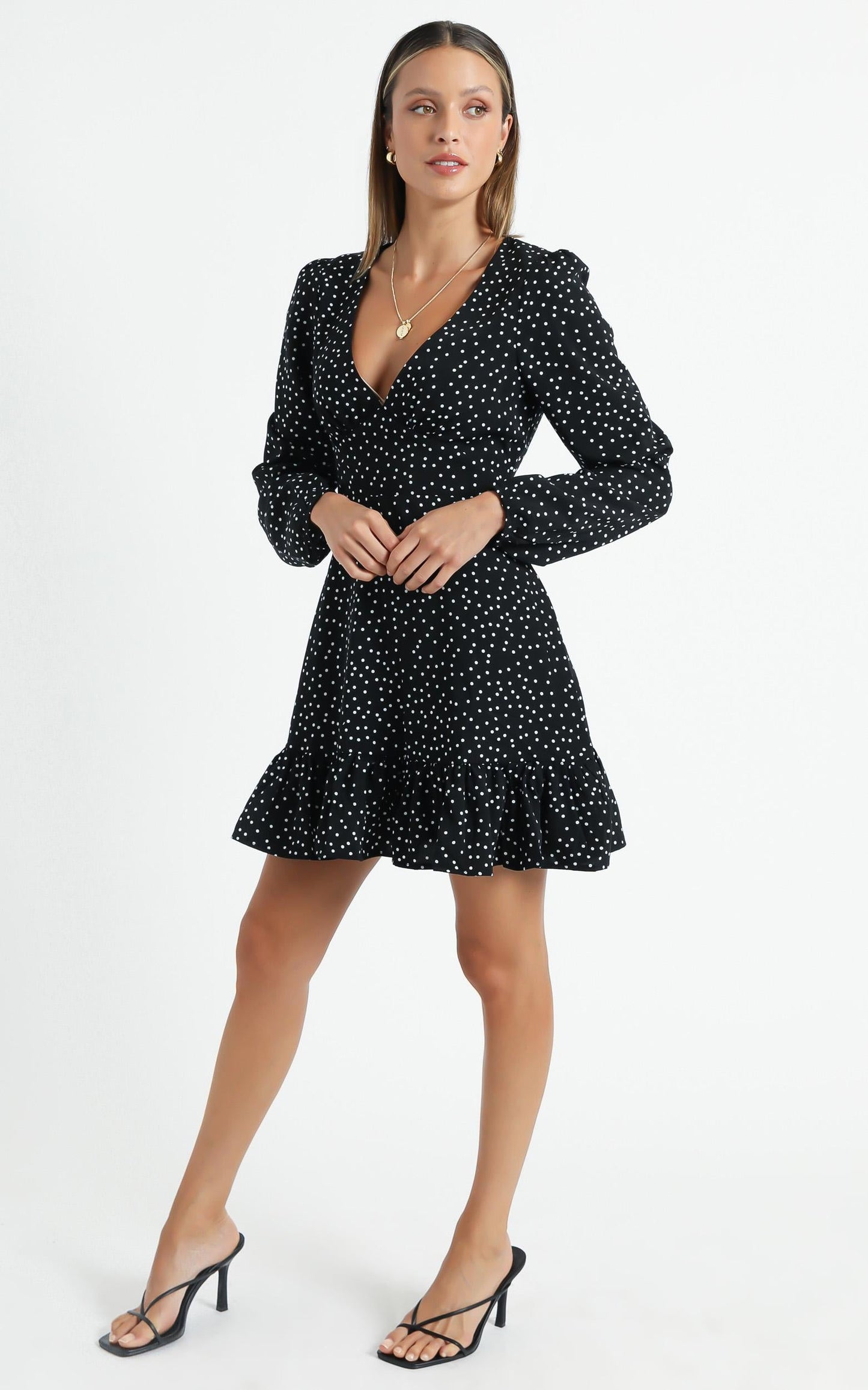 Worlds Away Dress In Black Polka