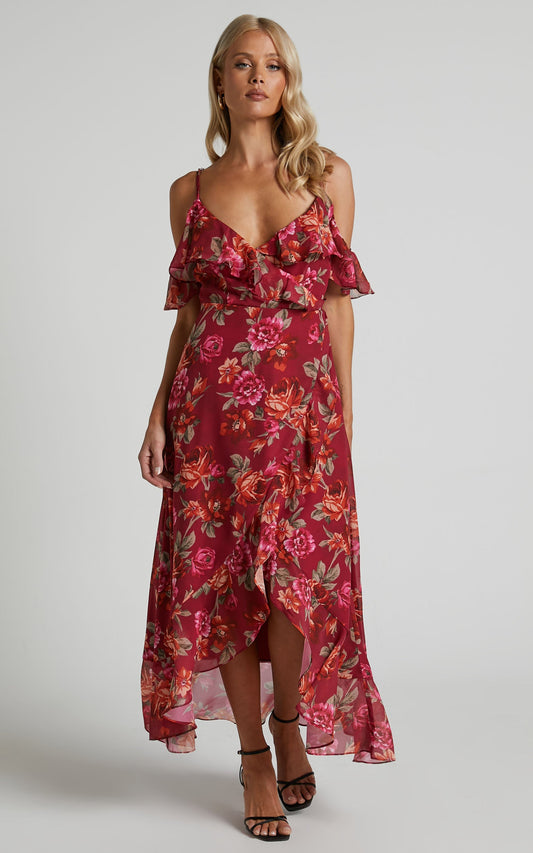 Warrior Midi Dress - Cold Shoulder Ruffle Top Dress in Autumn Rose