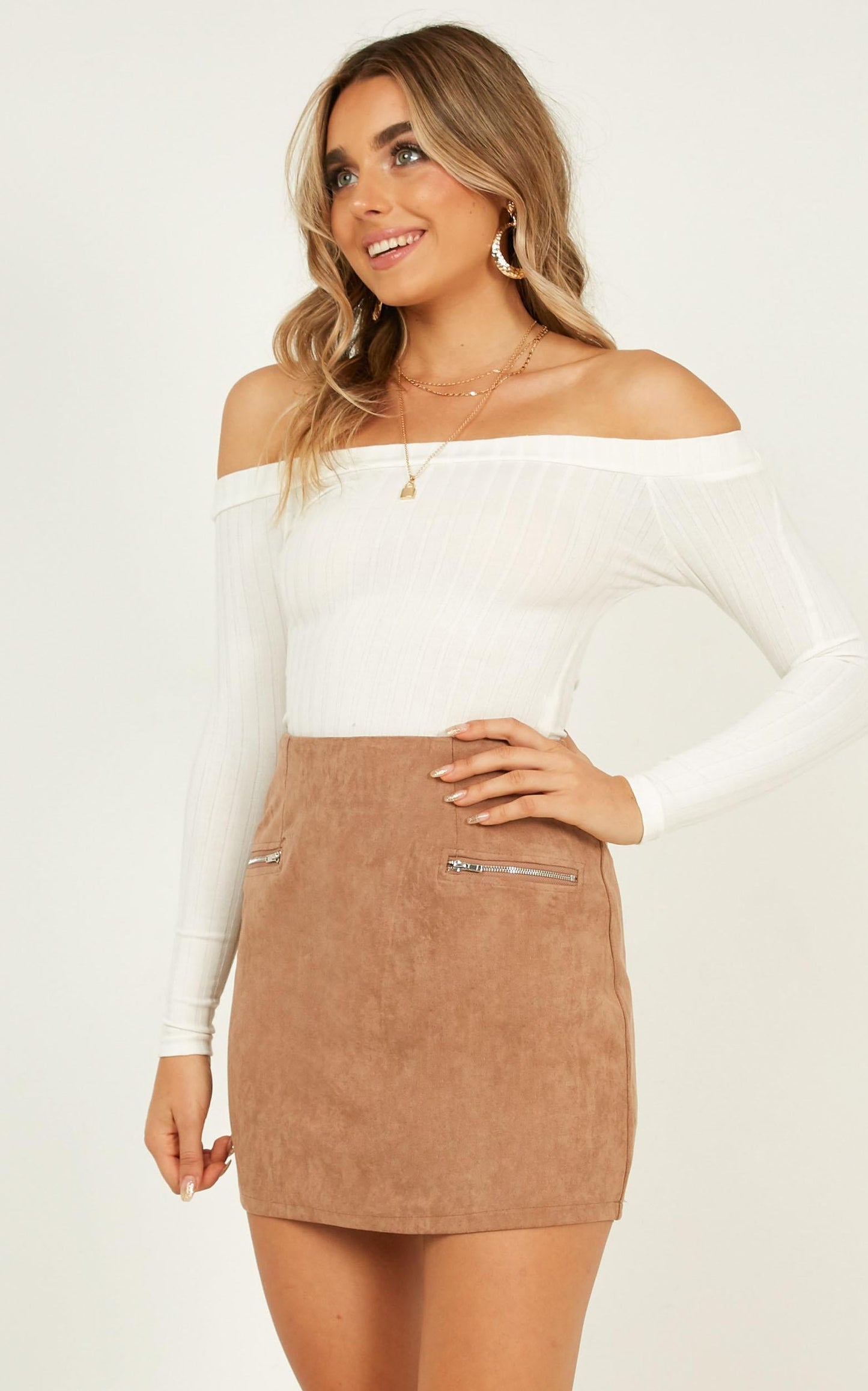 Wait In Line Skirt In Taupe Suedette