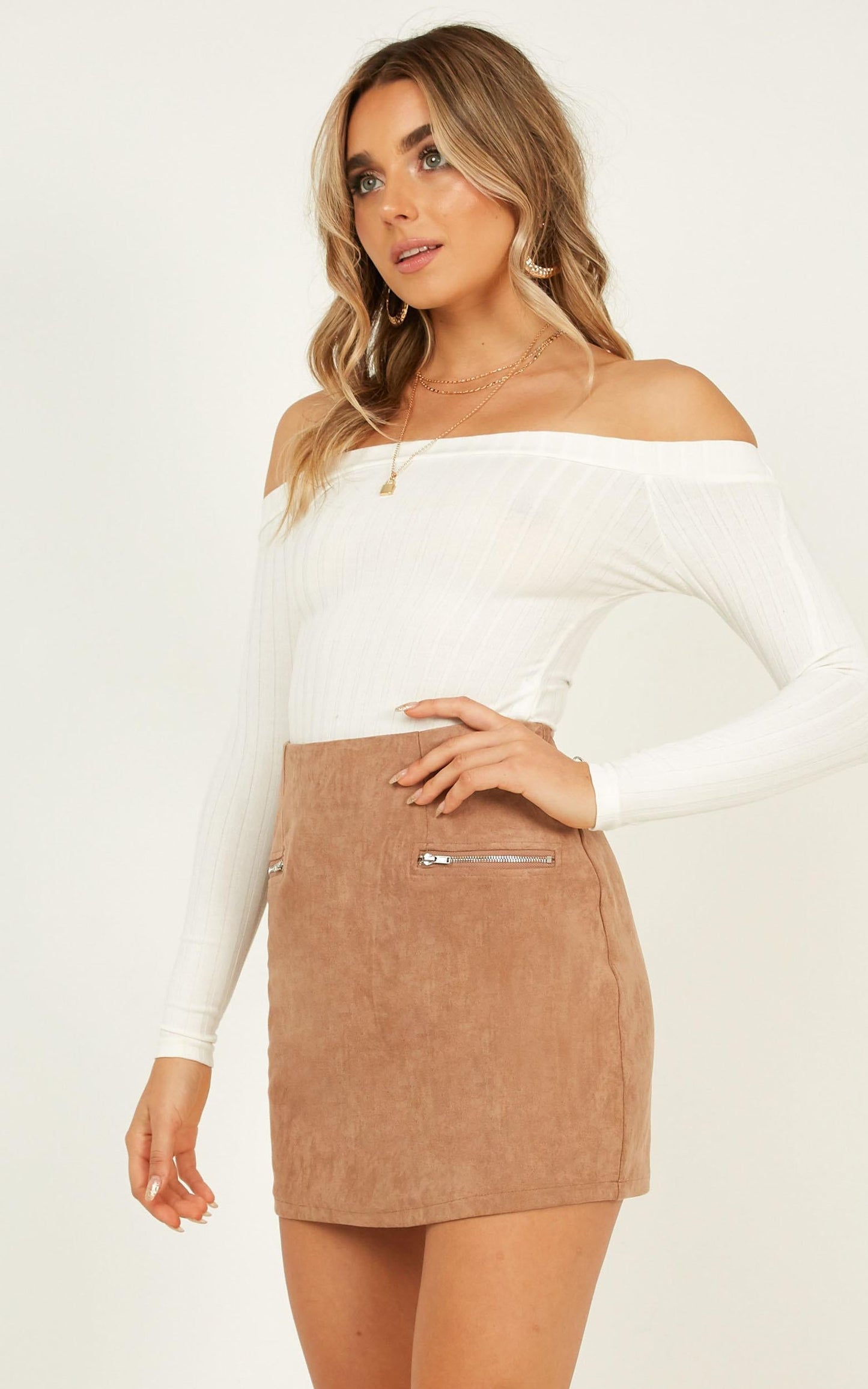 Wait In Line Skirt In Taupe Suedette