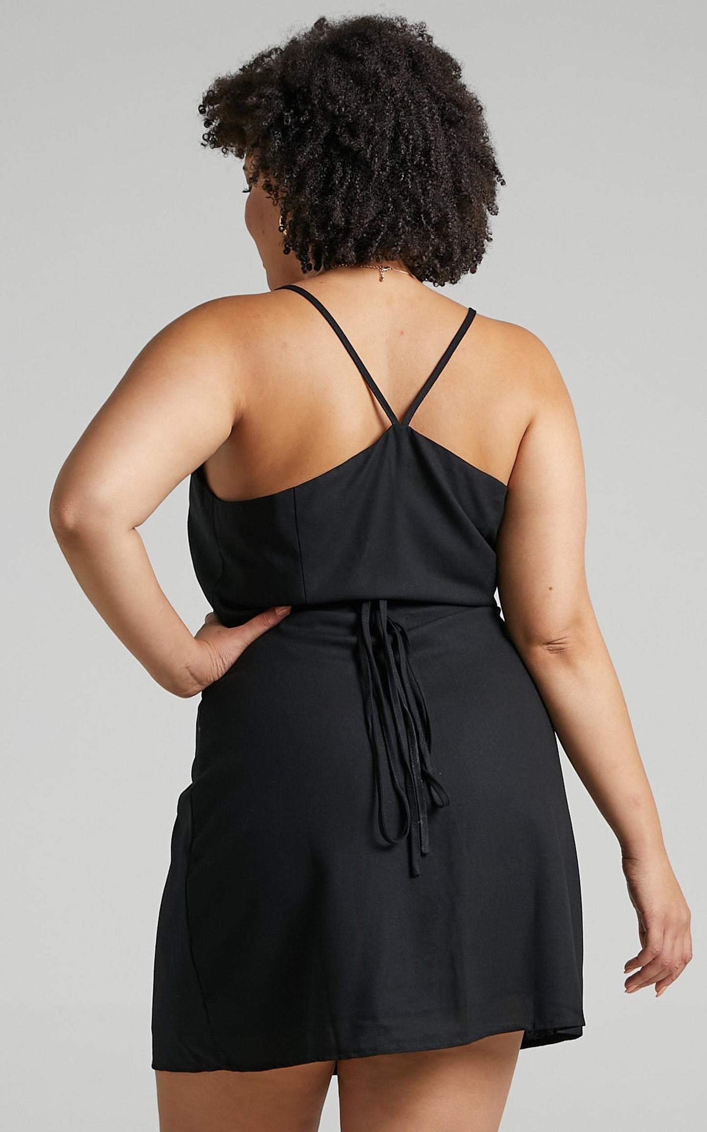 Whisper It Mini Dress - V Neck Wrap Dress in Black Linen Look