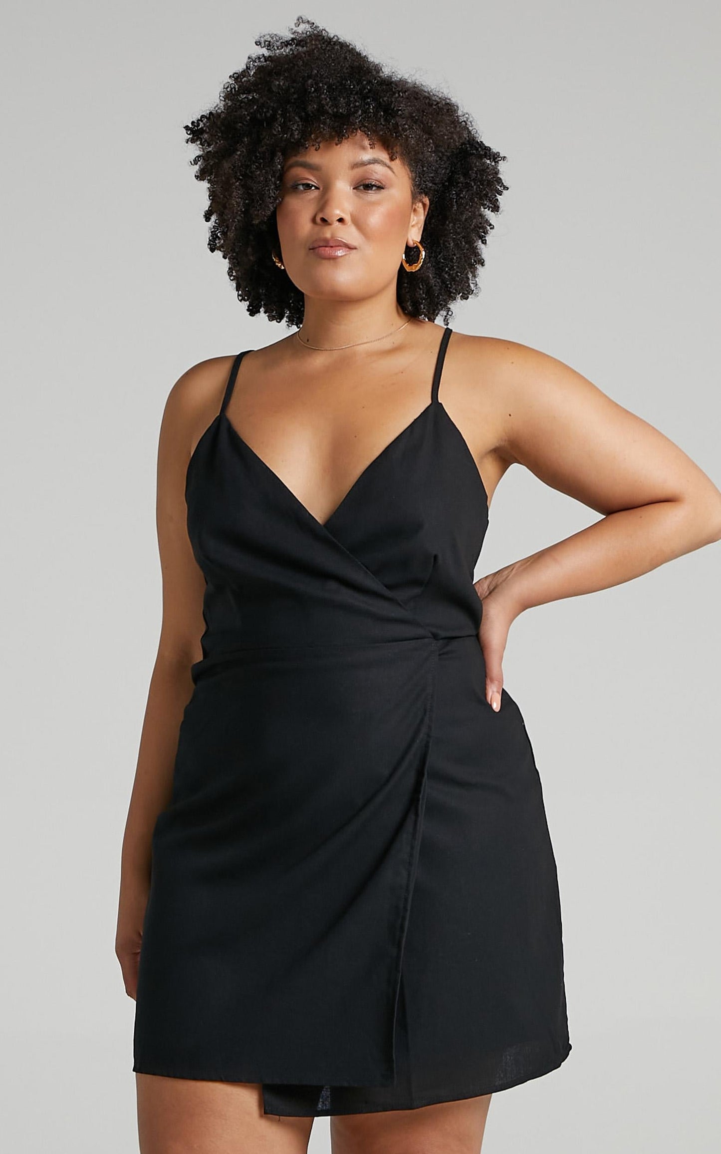 Whisper It Mini Dress - V Neck Wrap Dress in Black Linen Look