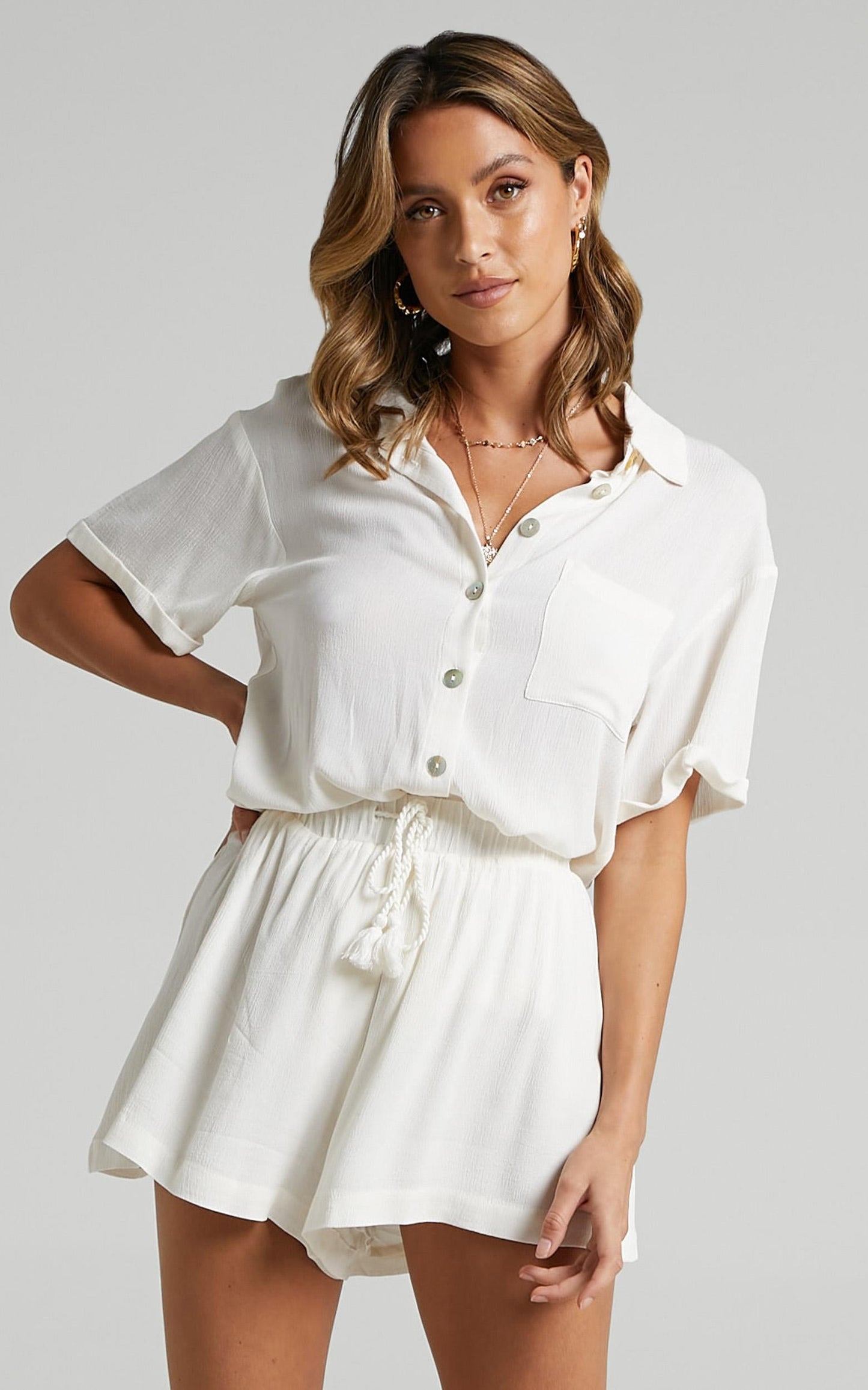 Jubilee Two Piece Set - Button Up Shirt and Shorts Set in White