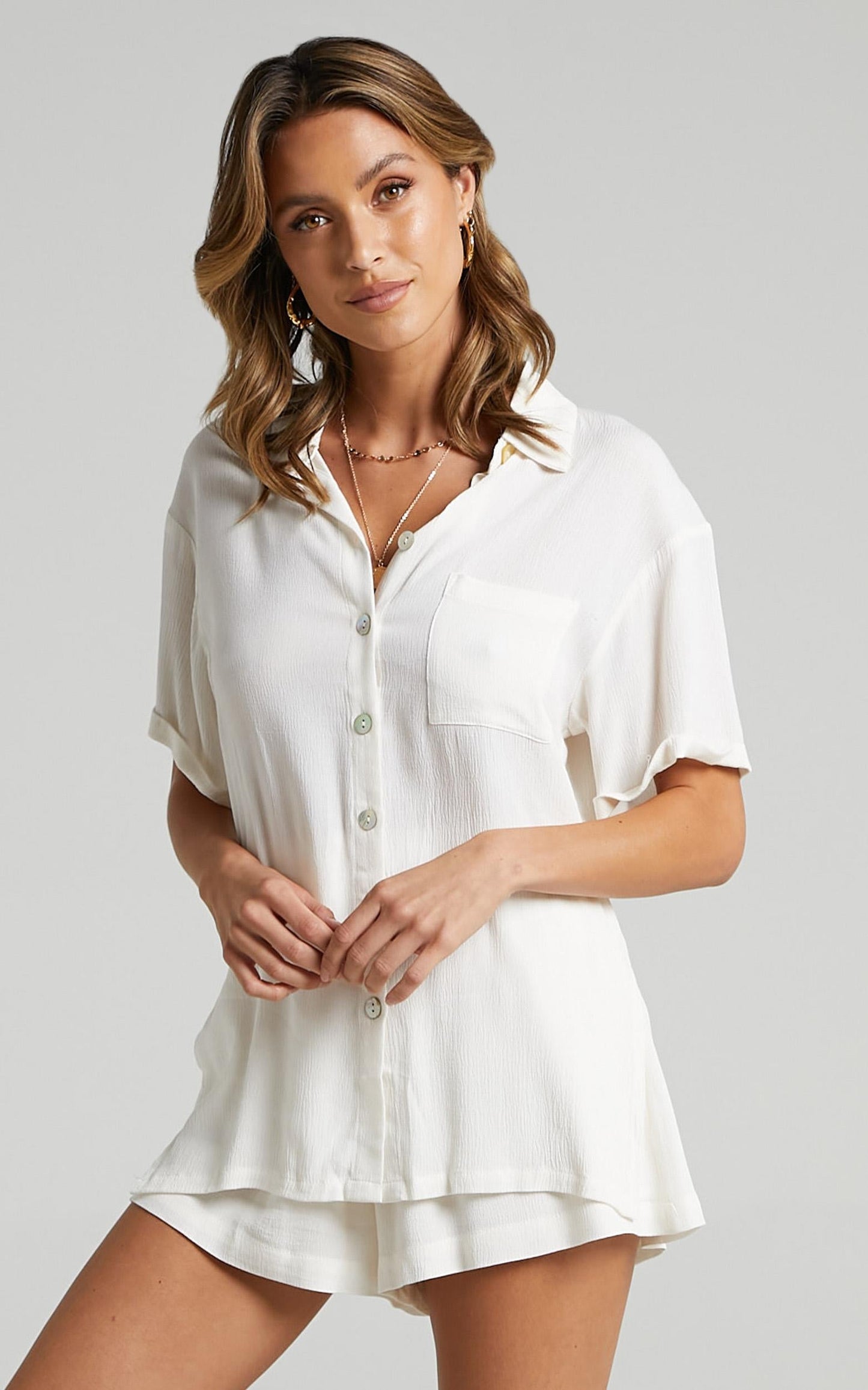 Jubilee Two Piece Set - Button Up Shirt and Shorts Set in White