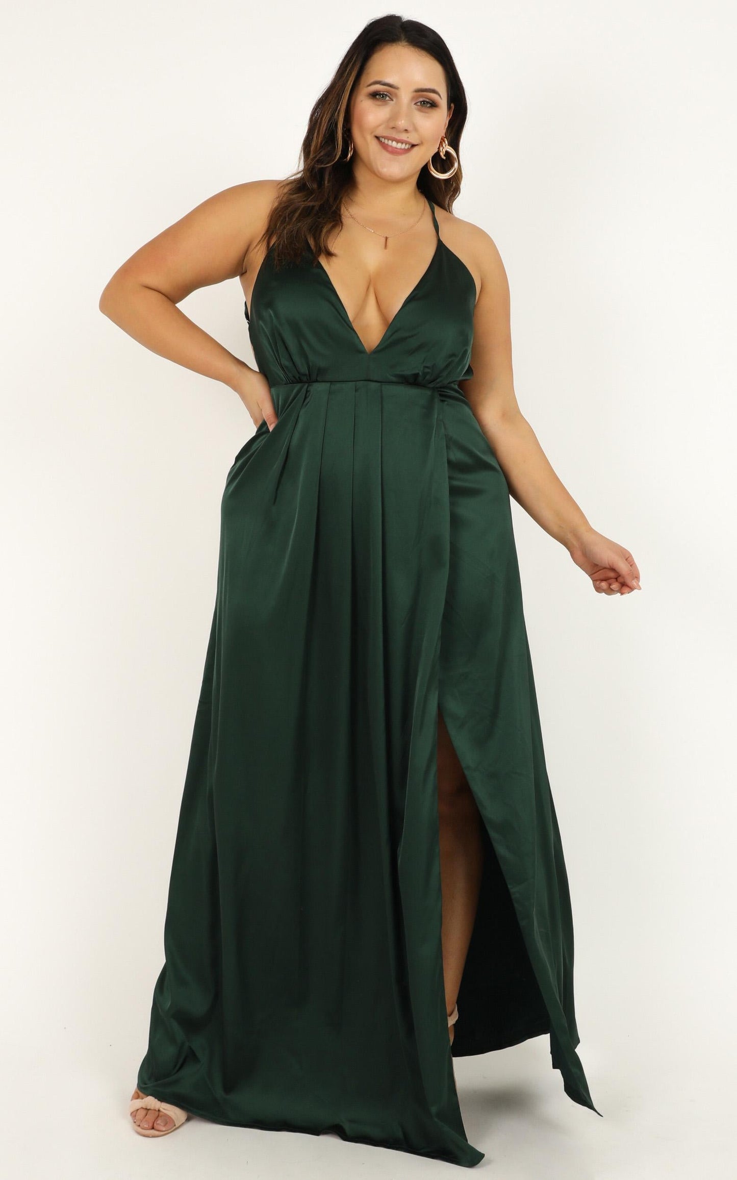 Wild Instinct Maxi Dress In Emerald Satin
