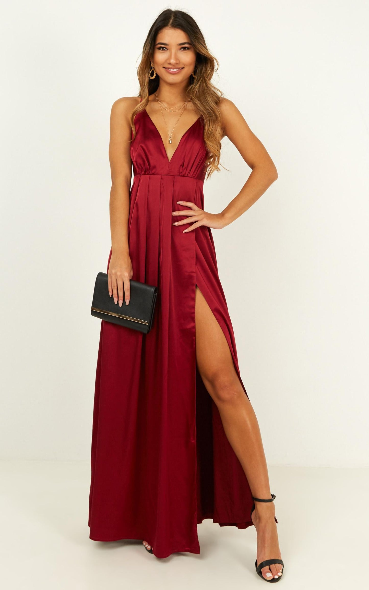 Wild Instinct Maxi Dress In Wine Satin