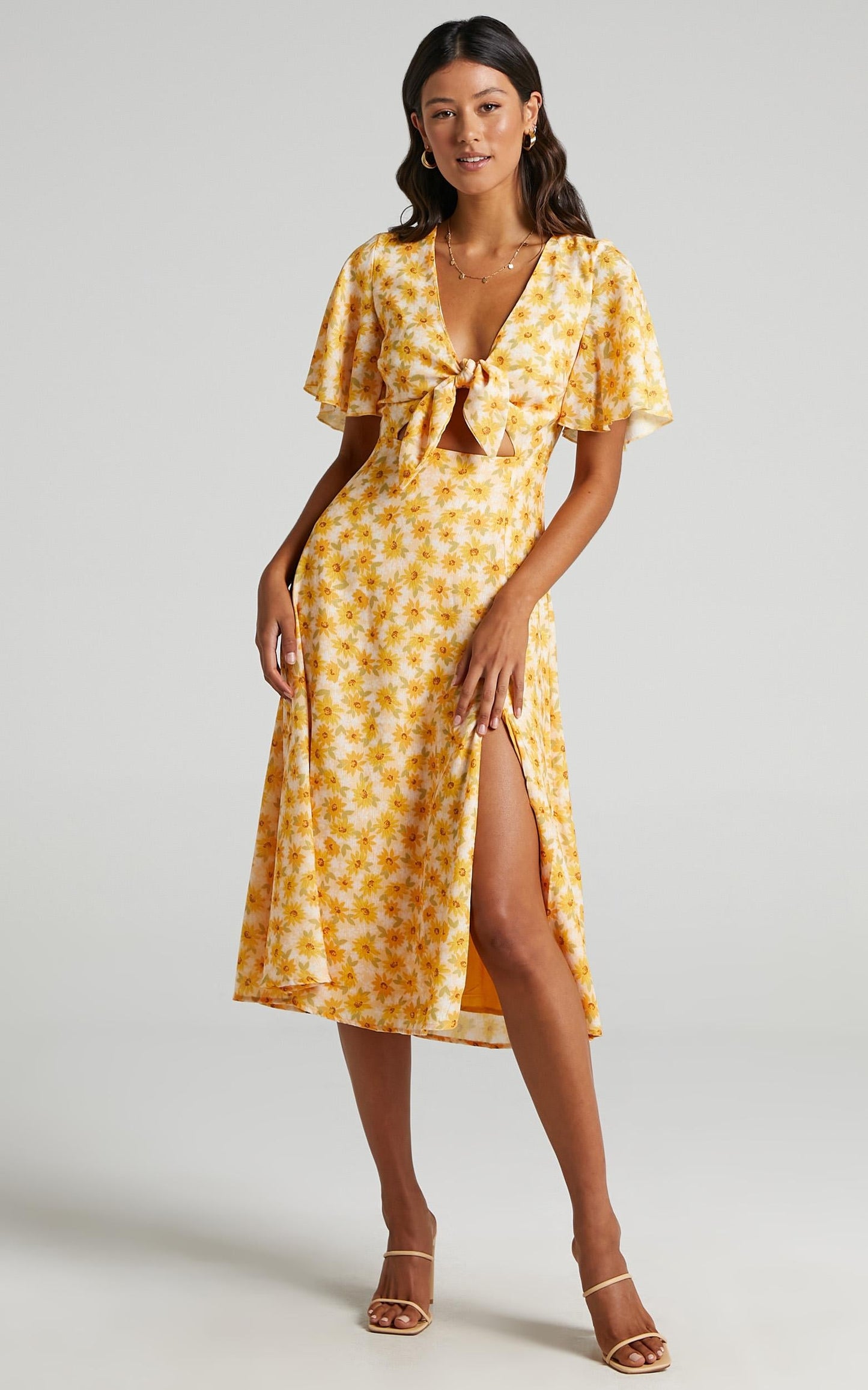 Wild And Free Mind Midi Dress - Front Tie Cut Out Dress in Sunflower Print