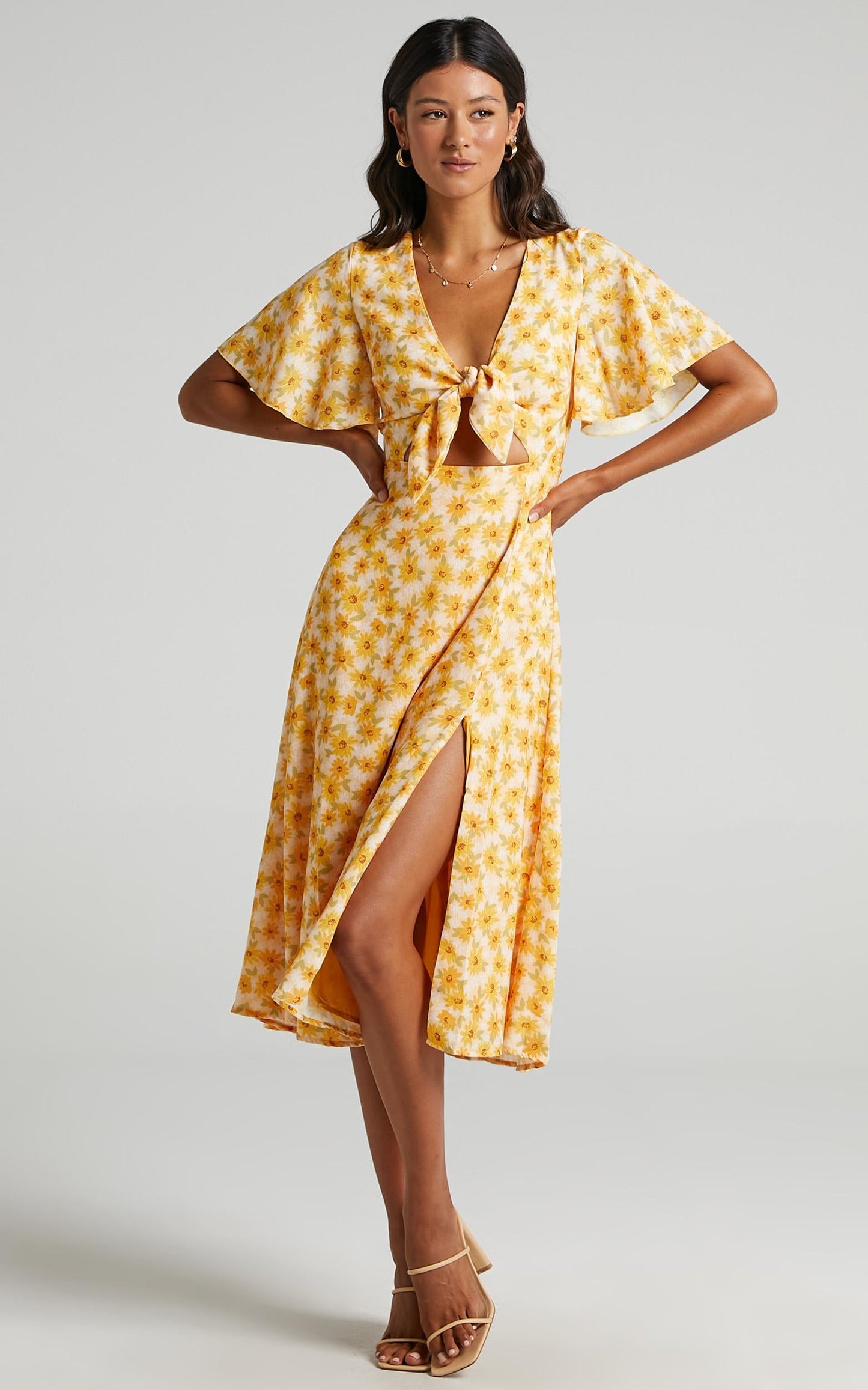 Wild And Free Mind Midi Dress - Front Tie Cut Out Dress in Sunflower Print