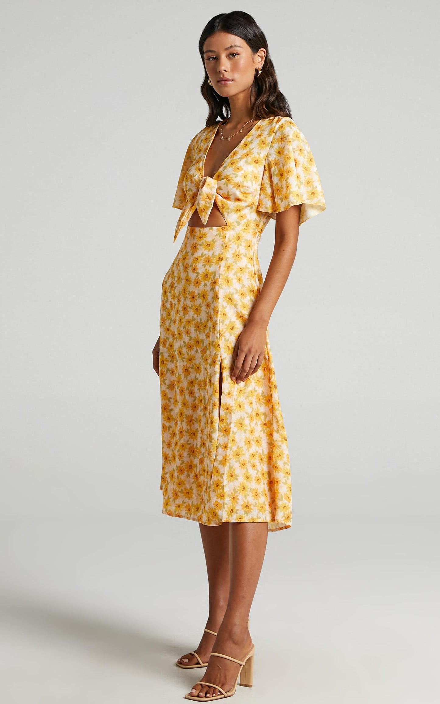 Wild And Free Mind Midi Dress - Front Tie Cut Out Dress in Sunflower Print