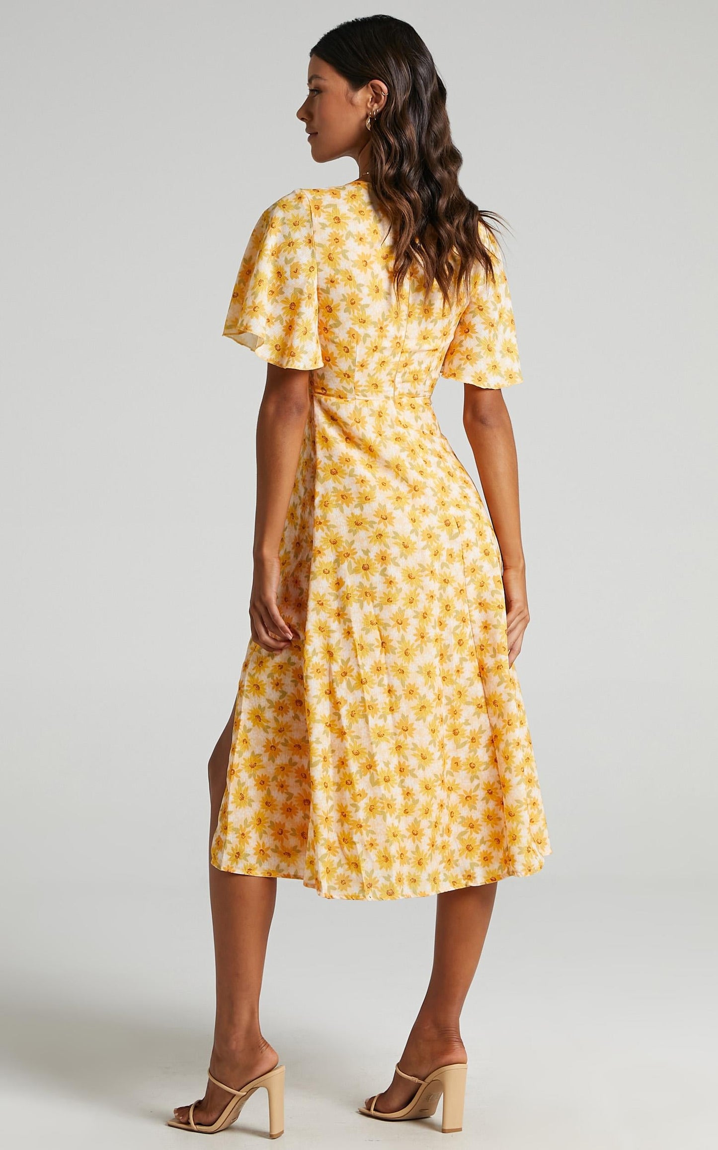 Wild And Free Mind Midi Dress - Front Tie Cut Out Dress in Sunflower Print