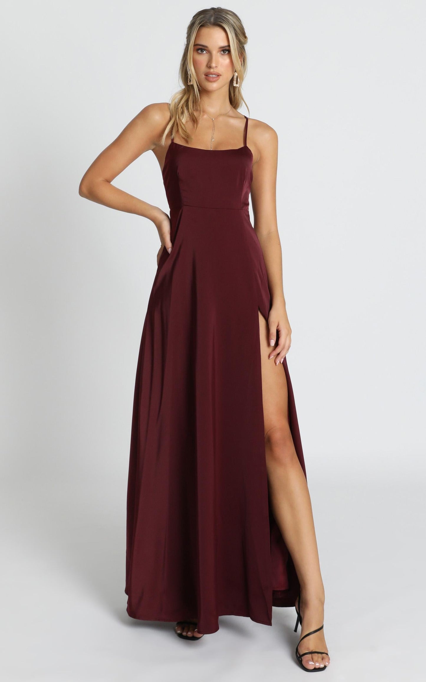Will It Be Us Midi Dress - Thigh Split Cross Back Dress in Wine