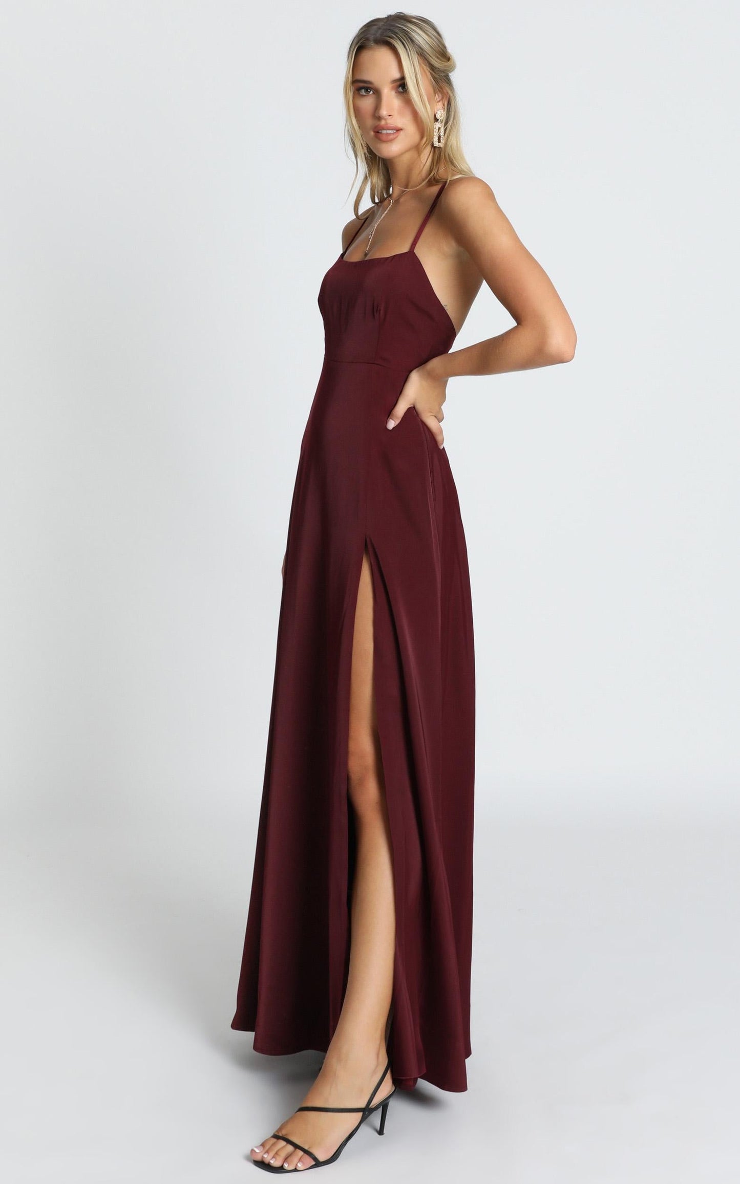 Will It Be Us Midi Dress - Thigh Split Cross Back Dress in Wine