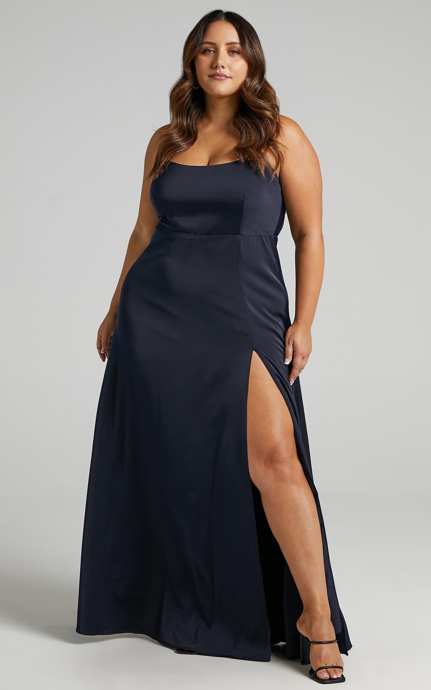 Will It Be Us Midi Dress - Thigh Split Cross Back Dress in Navy