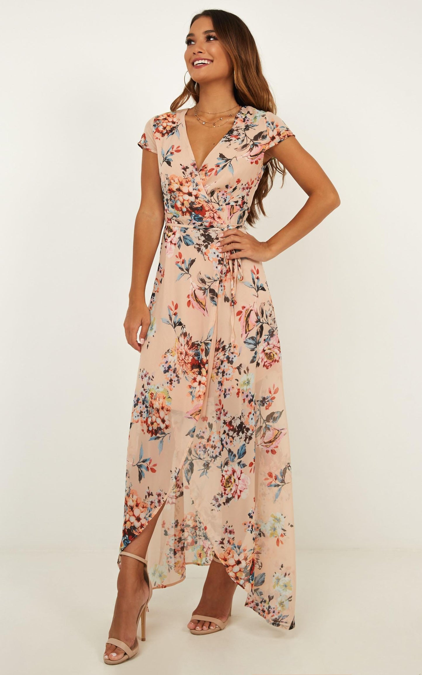 Wrap And Cross Maxi Dress In Blush Floral