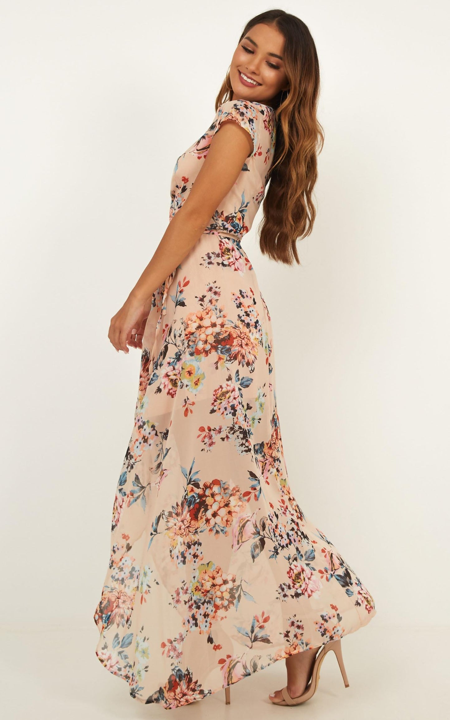 Wrap And Cross Maxi Dress In Blush Floral