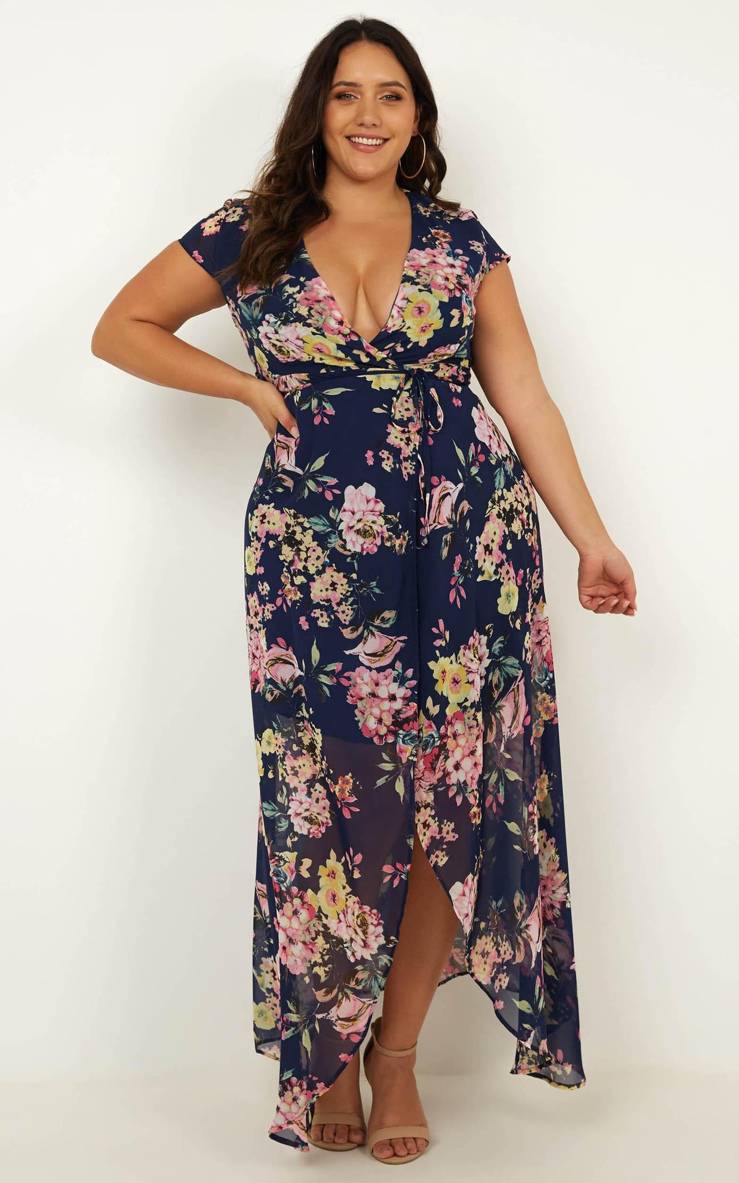 Wrap And Cross Maxi Dress In Navy Floral