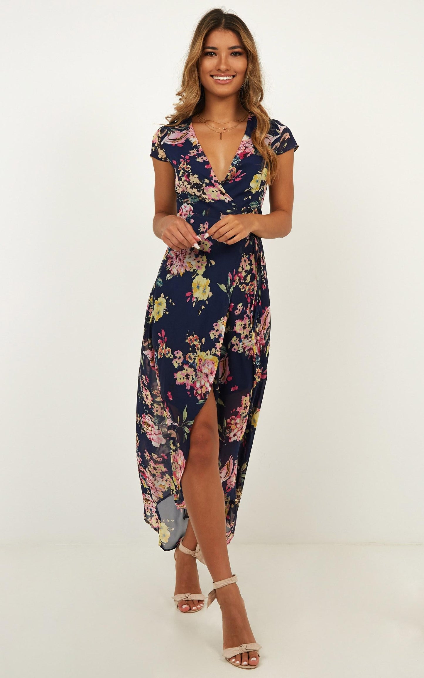 Wrap And Cross Maxi Dress In Navy Floral