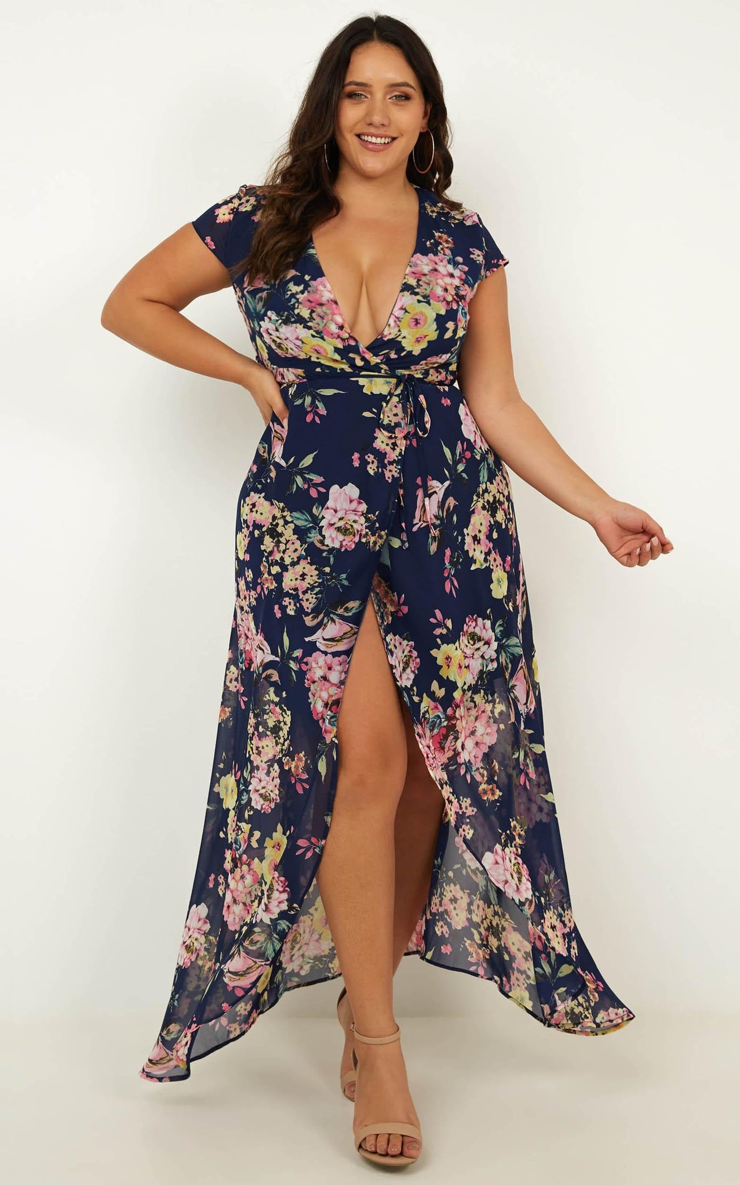 Wrap And Cross Maxi Dress In Navy Floral