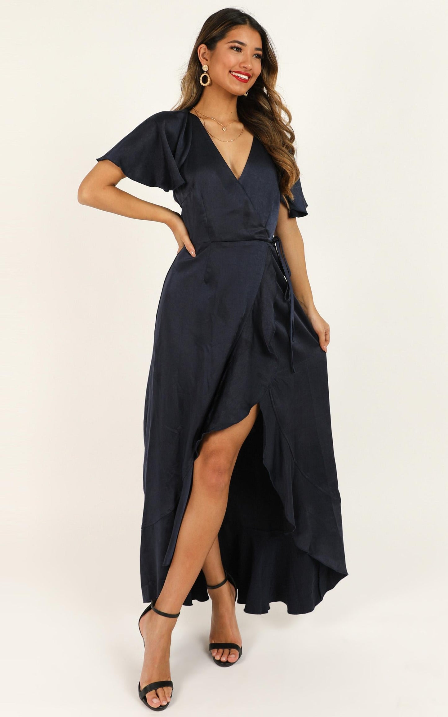 Wrap It Dress In Navy Satin