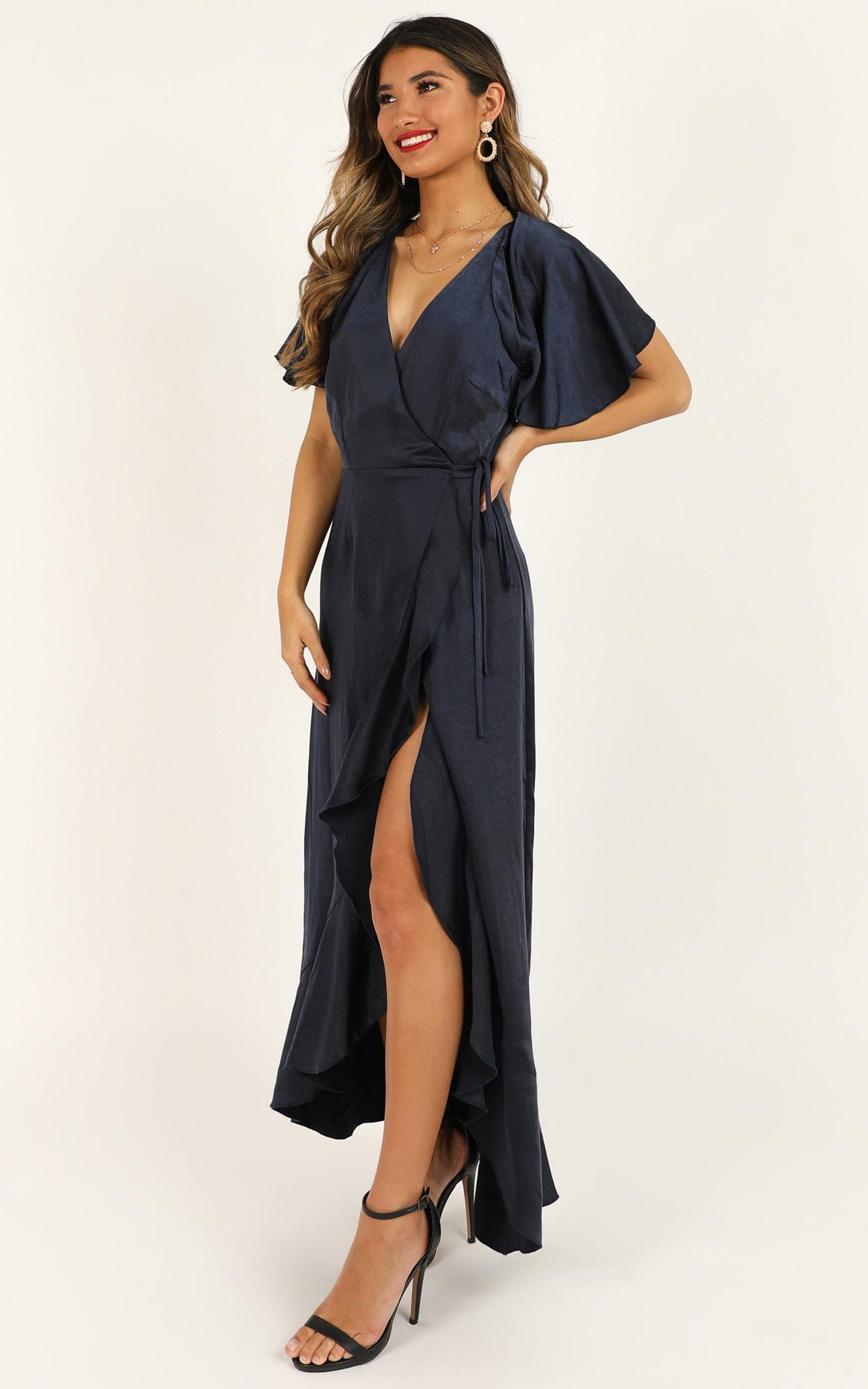 Wrap It Dress In Navy Satin