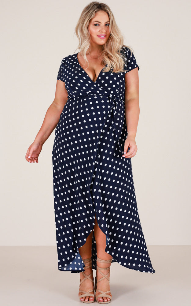 Wrap And Cross Maxi Dress In Navy Spot