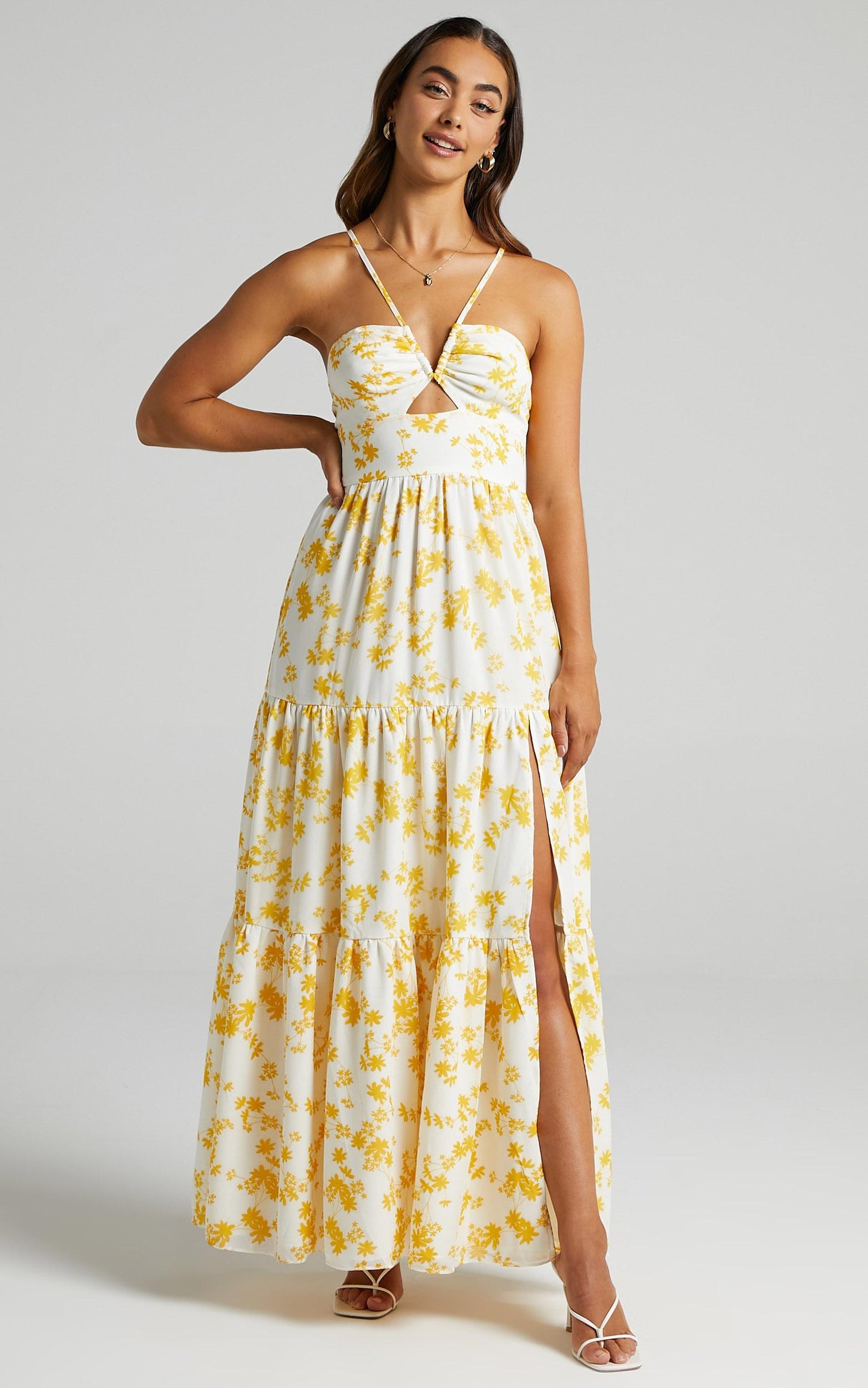 Kahrissa Strappy Maxi Dress in Yellow Floral